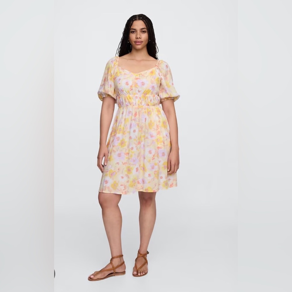 🌸 NWT GAP Floral Smocked Mini Dress Puff Sleeve Yellow Pink XXL